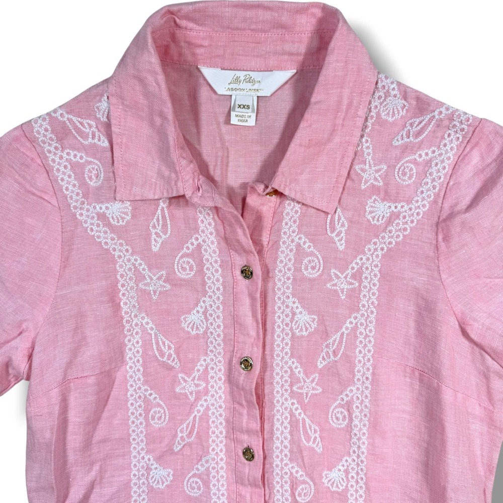Lilly Pulitzer Shirt Dress Womens XXS Pink Lagoon Linen Embroidered Coastal